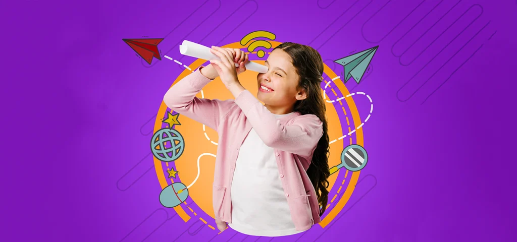 Niña estudiante jugando con hoja de papel